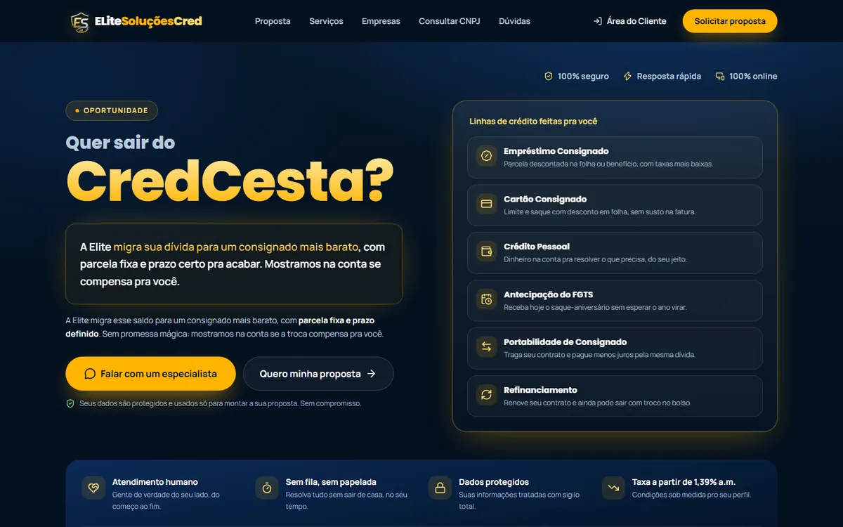 Página inicial do site Elite Soluções Cred