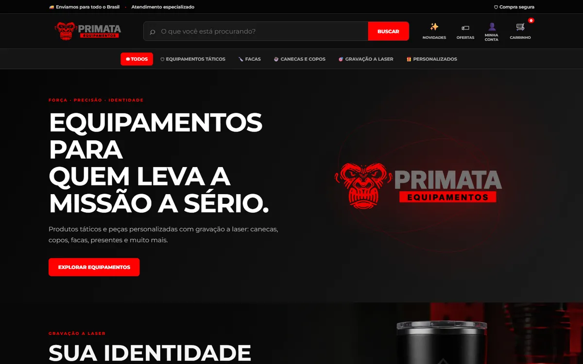 Página inicial do site Primata Equipamentos