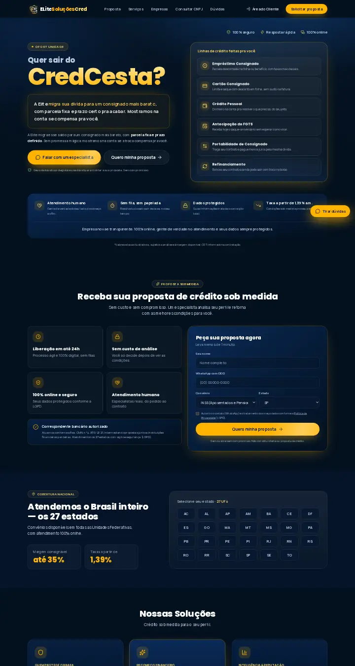 Página do site Elite Soluções Cred