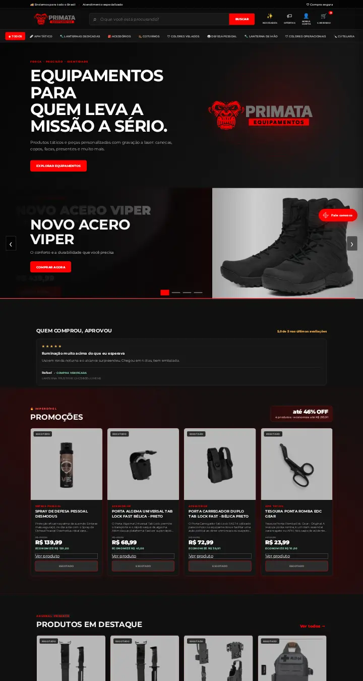 Página do site Primata Equipamentos